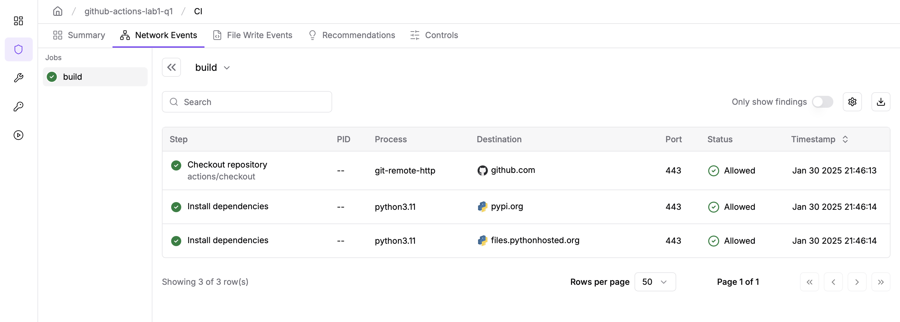 StepSecurity Insights Network Events page