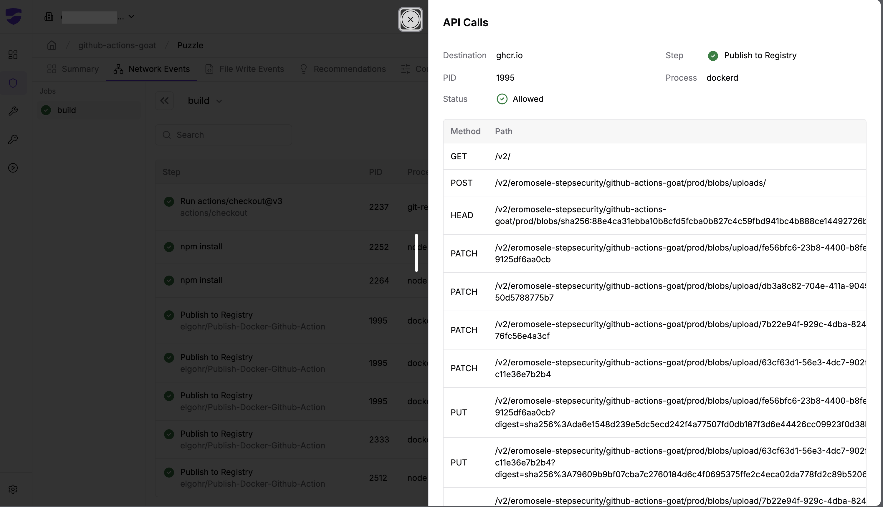 StepSecurity Insights Network Events page showing API calls