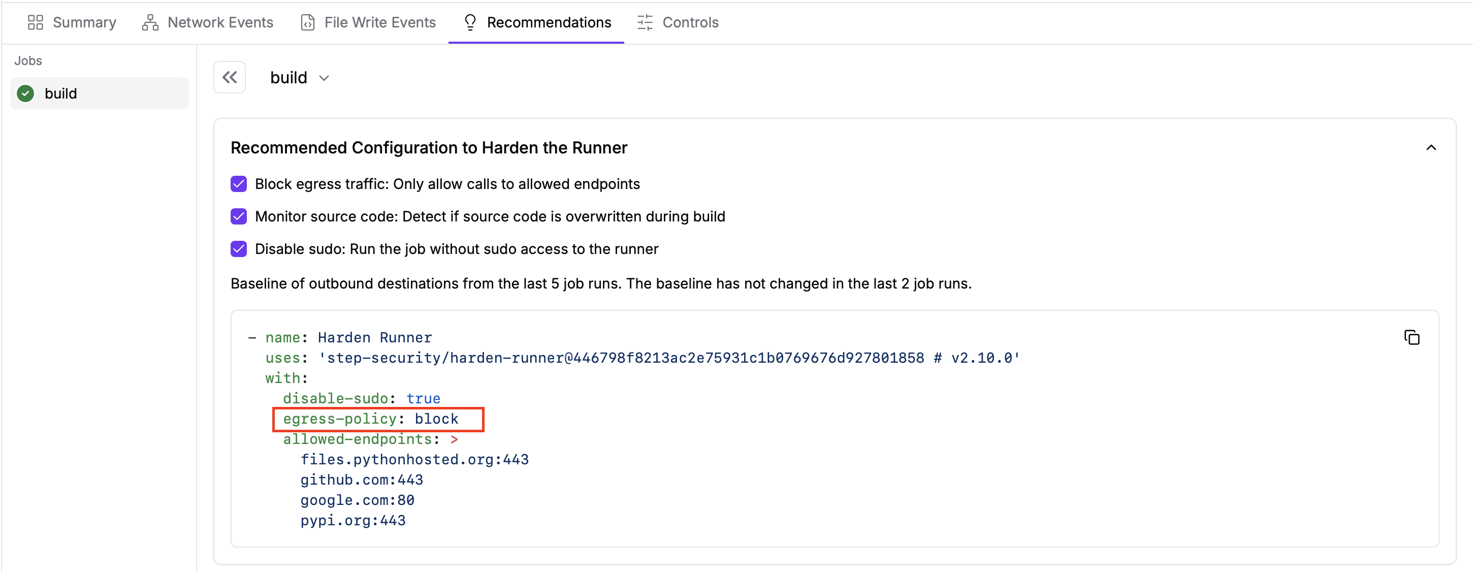 StepSecurity Insights Recommendation page