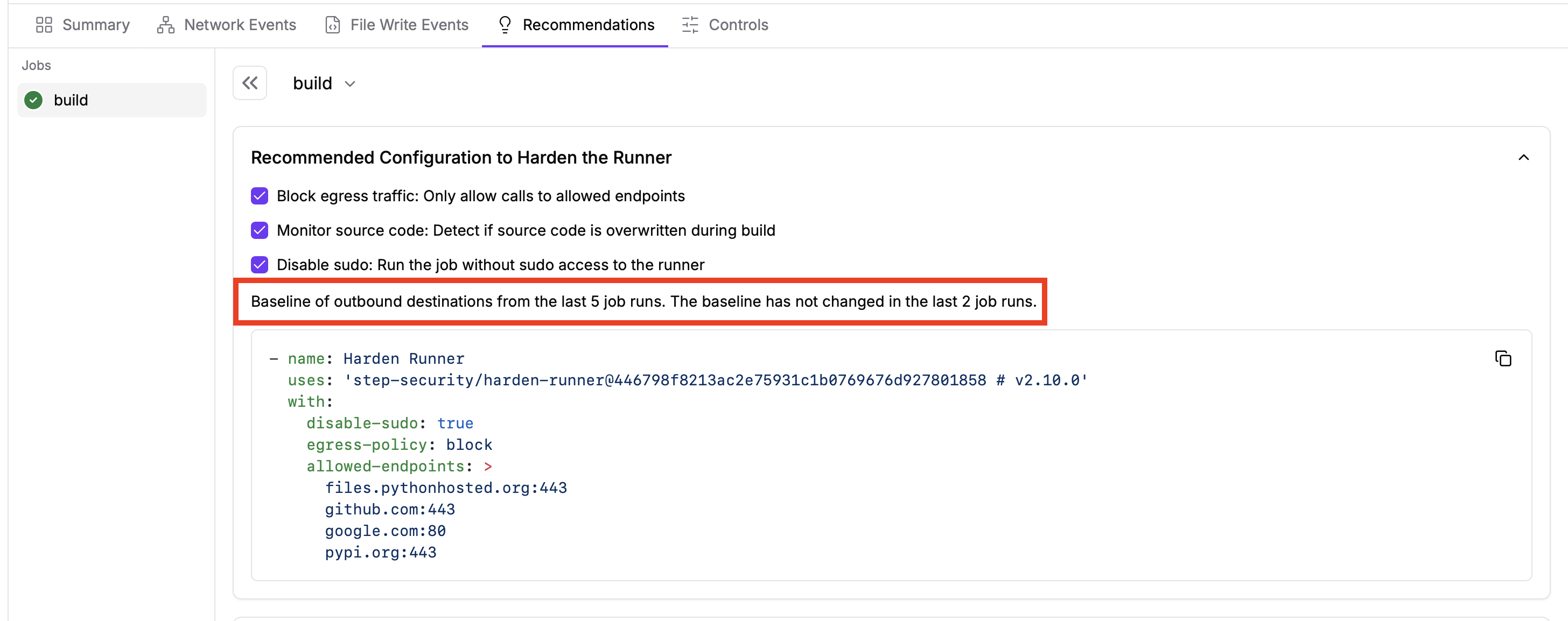 StepSecurity Insights Recommendations page